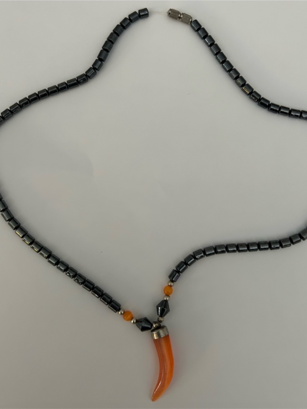 Hematite Bead and Orange Tooth Choker Necklace 18"
